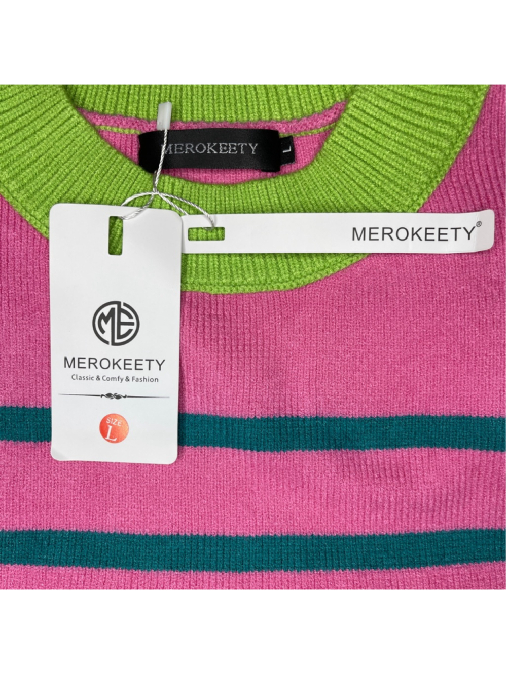 Merokeety Crop Top Pink Teal Striped Long Sleeve Large - Picture 3 of 5